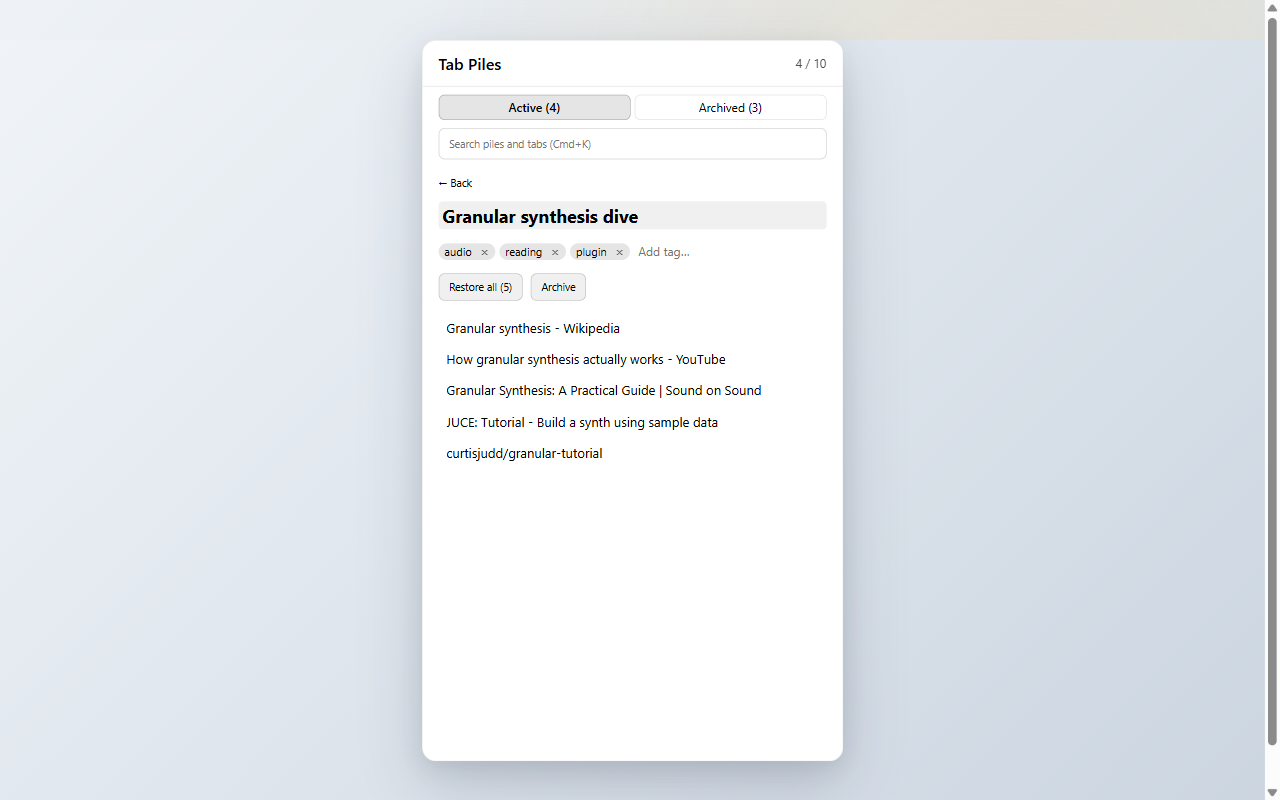 Pile detail view with tag editor and tab list