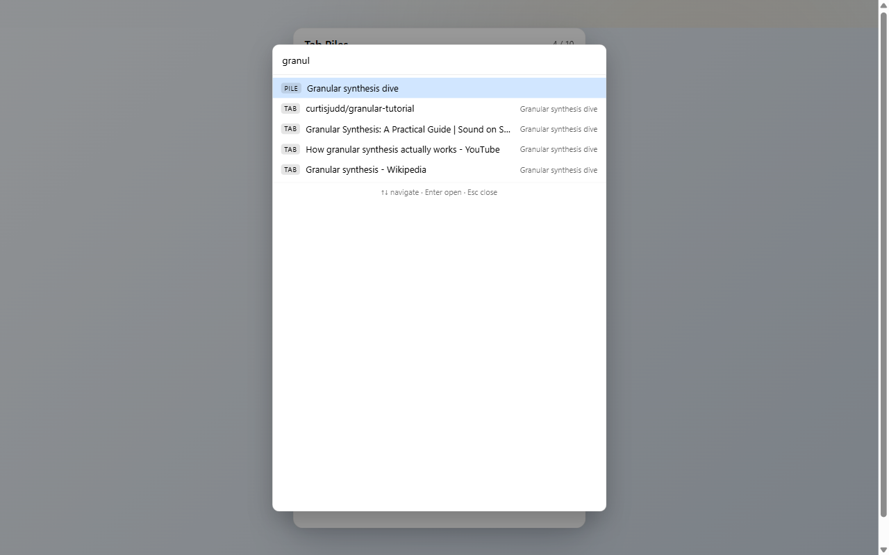 Cmd+K command palette showing mixed pile and tab results